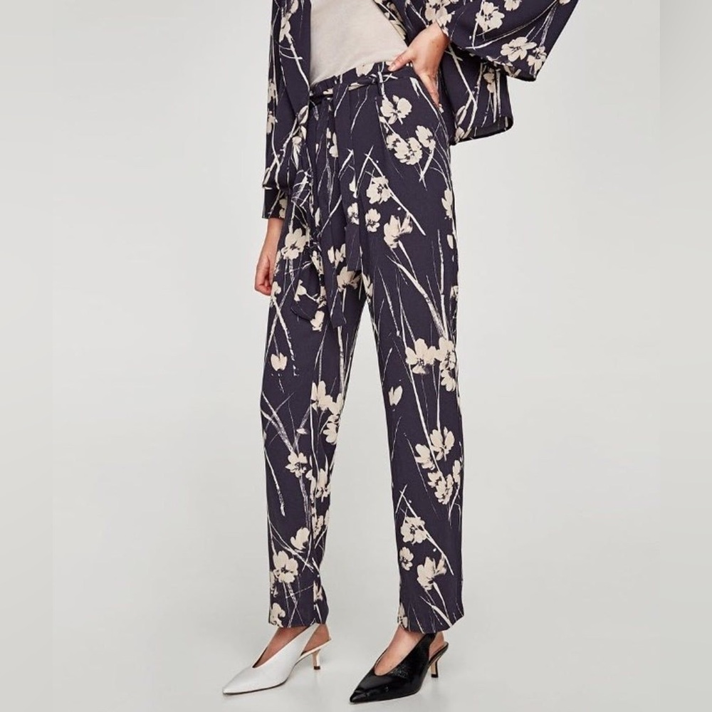 Zara Floral Print Skinny High Waist Belted Pants Blue/White Size XS NEW